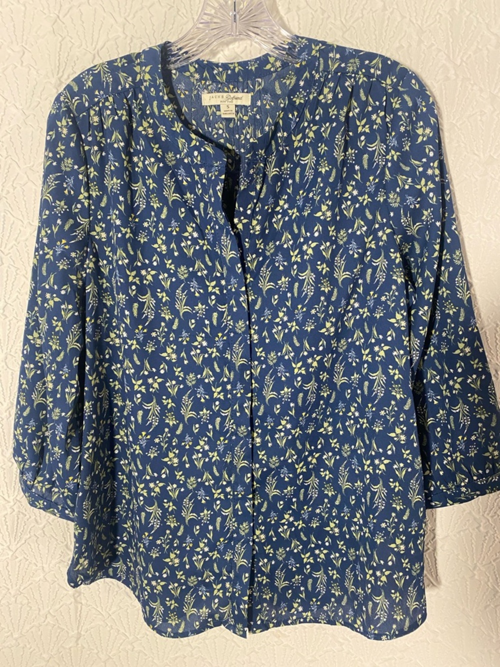 JACHS Girlfriend Navy Blue Floral Button-Front Blouse Sheer Professional Casual